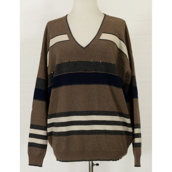 BRUNELLO CUCINELLI 100% CASHMERE STRIPED V-NECK SWEATER W/SEQUIN AND MONILI M - Picture 1 of 10